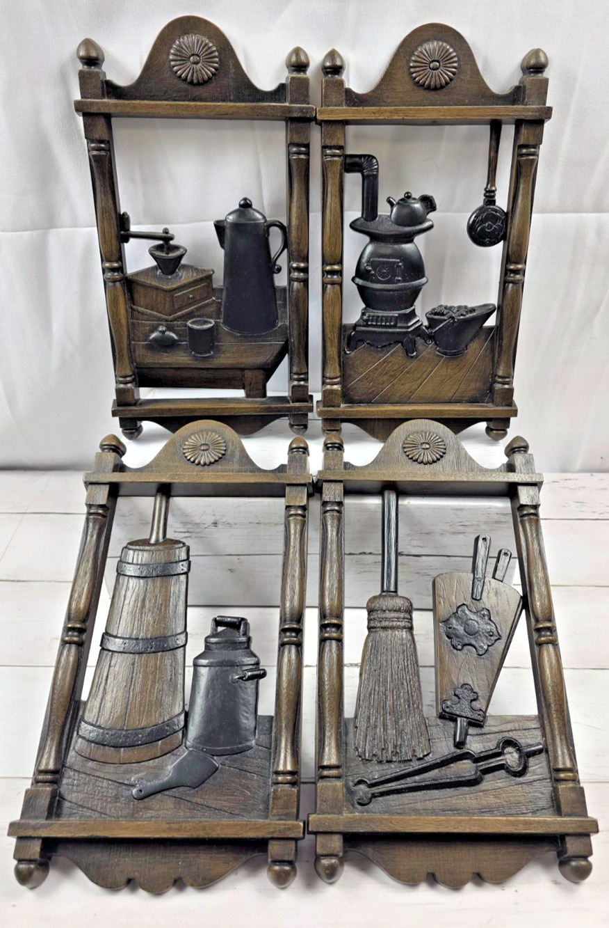 HOMCO 1974 Set of 4 Retro Molded Plastic Kitchen Wall Plaques, Vintage, USA Made